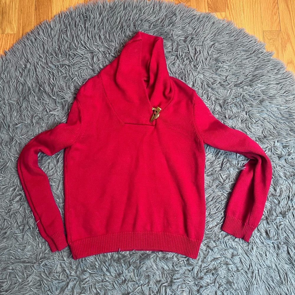 Lauren By Ralph Lauren Red Shawl Collar Sweater Gold Loop Horn Size M